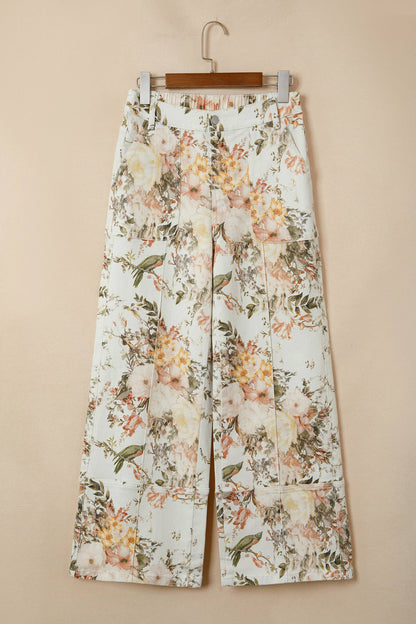 Floral Print High Waisted Wide Leg Denim Jeans