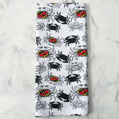 Maryland B&W Crab Patterned Waffle Kitchen Dish Towel