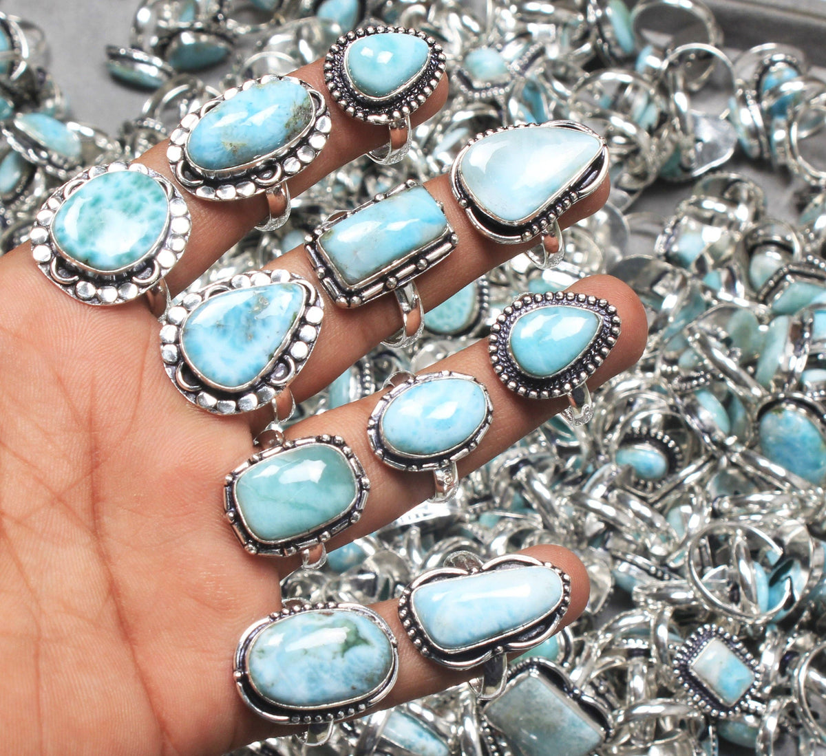 Larimar Rings – Silver-Plated, Handmade, Ocean Blue Dominican Stone (US Sizes 6–10) | Wholesale
