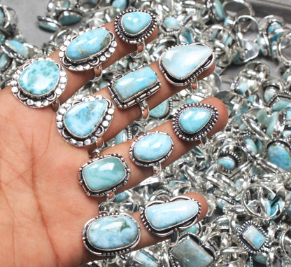 Larimar Rings – Silver-Plated, Handmade, Ocean Blue Dominican Stone (US Sizes 6–10) | Wholesale