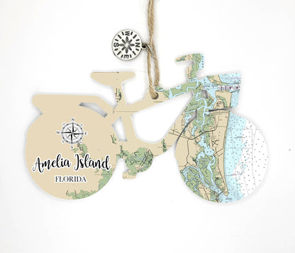 Wood Bicycle Ornament with Map Custom Location!