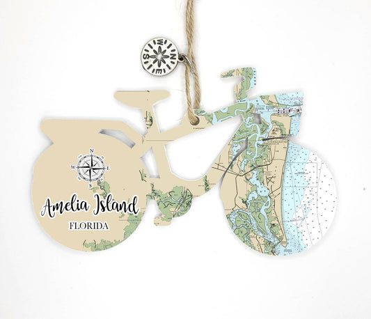 Wood Bicycle Ornament with Map Custom Location!