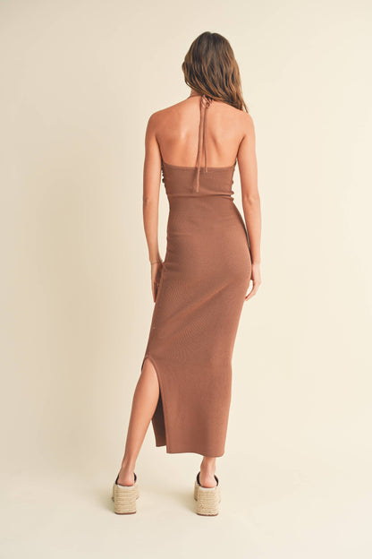 D1843   RUCHED DETAIL HALTER NECK KNIT LONG SLIT DRESS