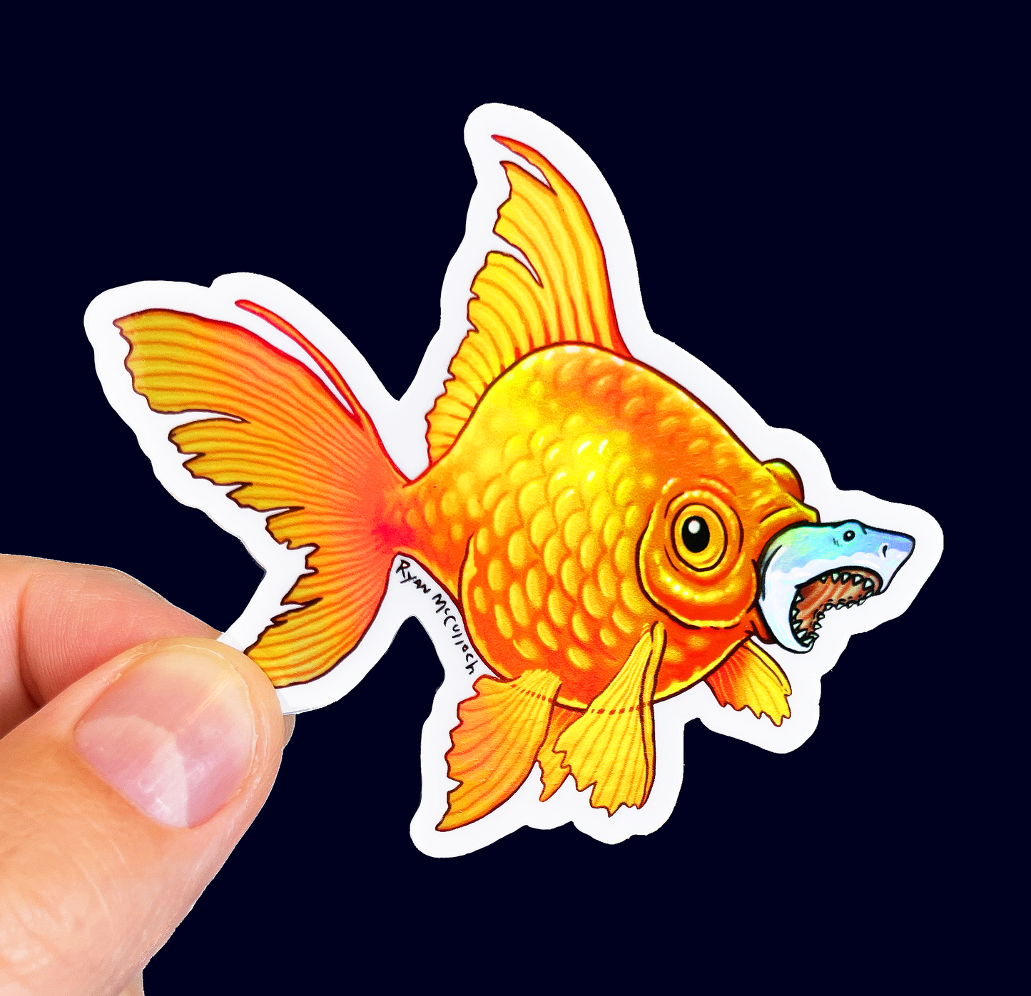 HOLOGRAPHIC STICKER: Goldfish vs. Shark!