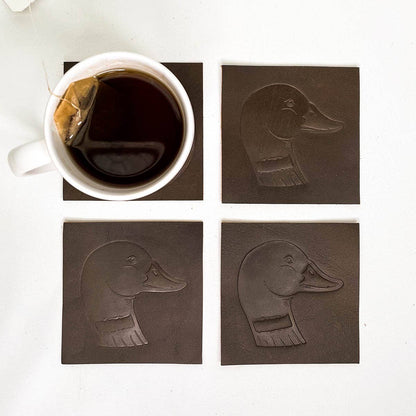 Duck Leather Embossed Coasters   Dark Brown   4x4   Set of 4