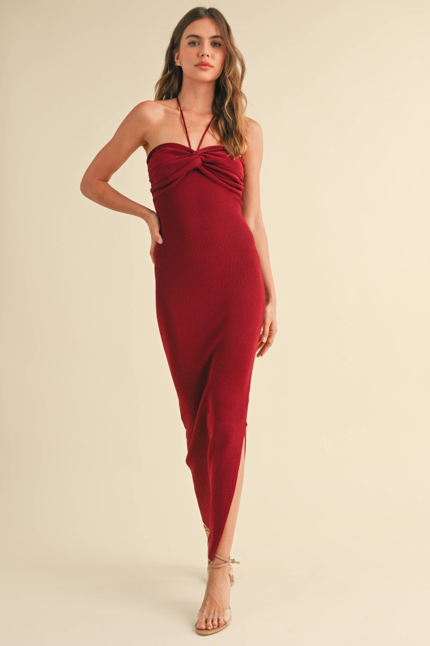 D1843   RUCHED DETAIL HALTER NECK KNIT LONG SLIT DRESS