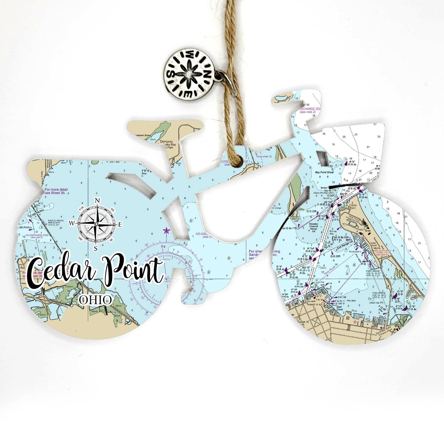 Wood Bicycle Ornament with Map Custom Location!