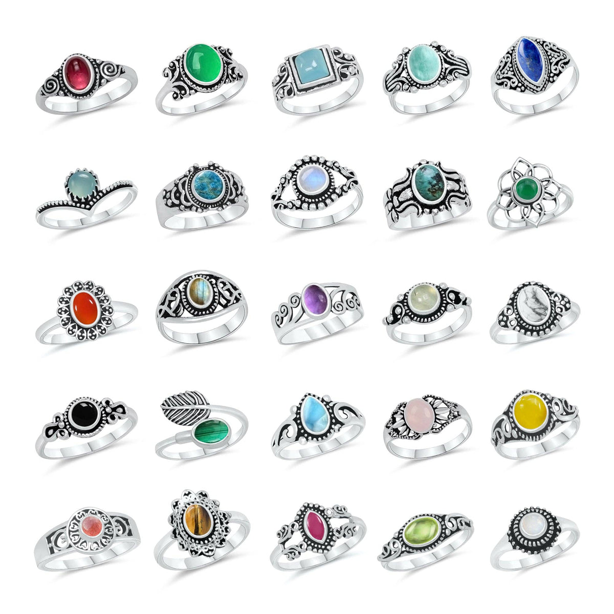 Dainty Stacking Rings – Silver-Plated, Assorted Natural Crystals, Boho Style | Wholesale