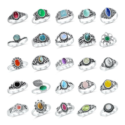 Dainty Stacking Rings – Silver-Plated, Assorted Natural Crystals, Boho Style | Wholesale