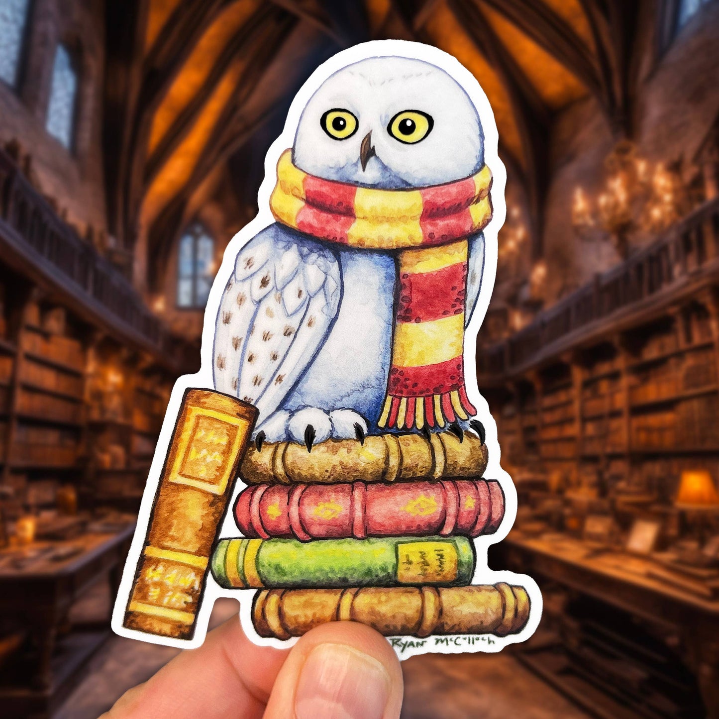 VINYL STICKER: Snowy Owl On Stack Of Books (Bookstore Decal)