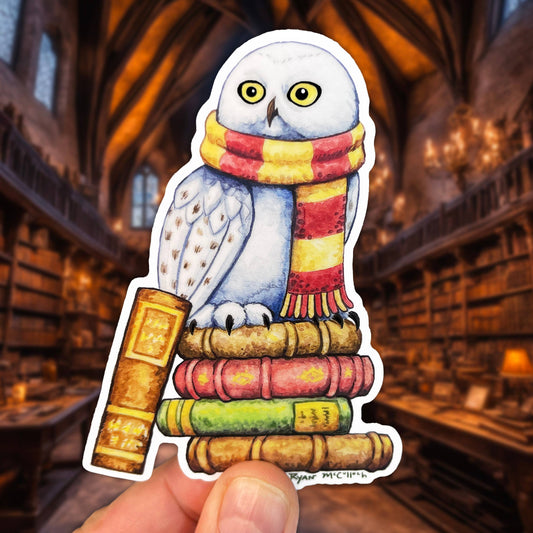 VINYL STICKER: Snowy Owl On Stack Of Books (Bookstore Decal)