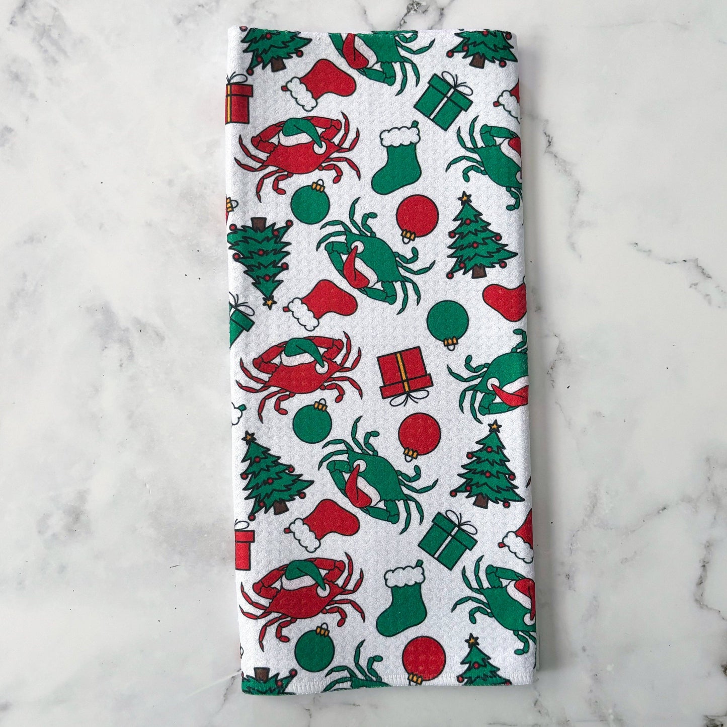 Maryland Christmas Crab Patterned Waffle Kitchen Dish Towel