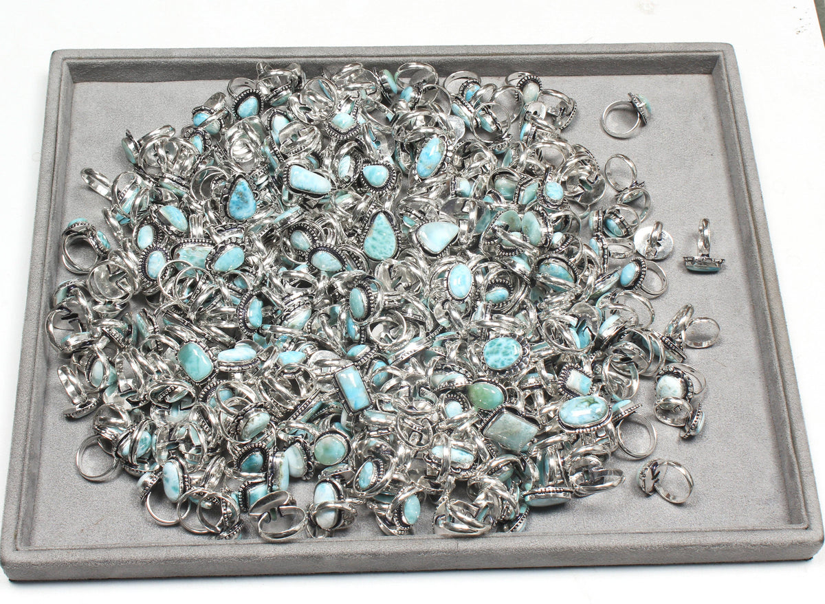 Larimar Rings – Silver-Plated, Handmade, Ocean Blue Dominican Stone (US Sizes 6–10) | Wholesale