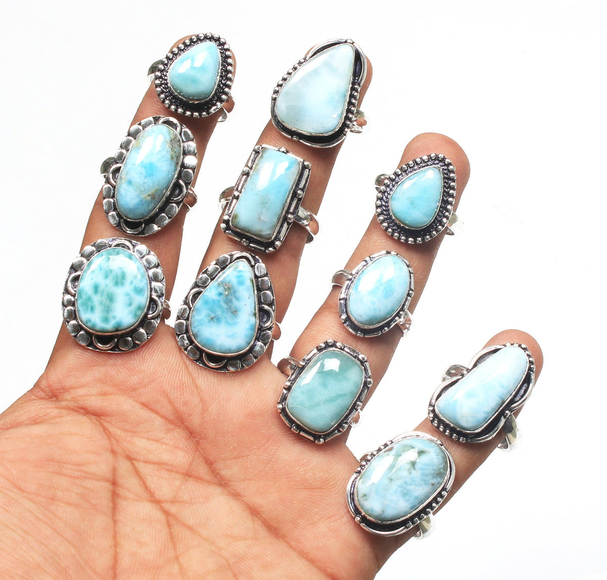 Larimar Rings – Silver-Plated, Handmade, Ocean Blue Dominican Stone (US Sizes 6–10) | Wholesale