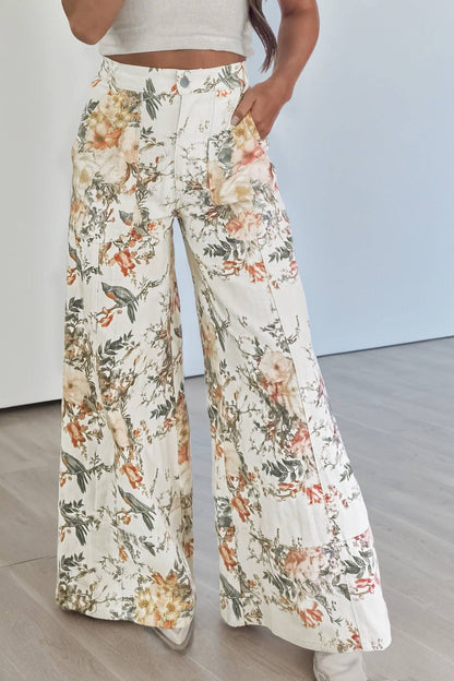 Floral Print High Waisted Wide Leg Denim Jeans