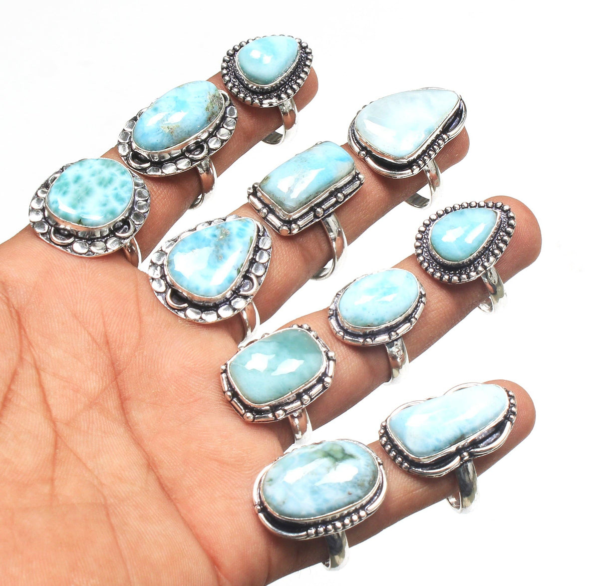 Larimar Rings – Silver-Plated, Handmade, Ocean Blue Dominican Stone (US Sizes 6–10) | Wholesale