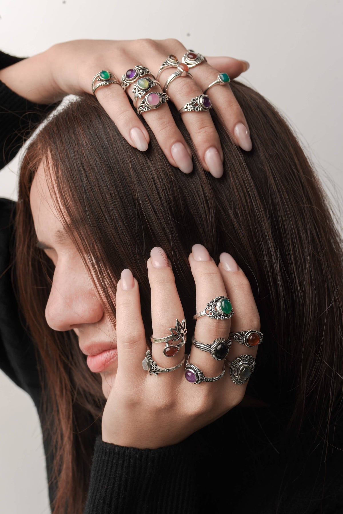 Dainty Stacking Rings – Silver-Plated, Assorted Natural Crystals, Boho Style | Wholesale