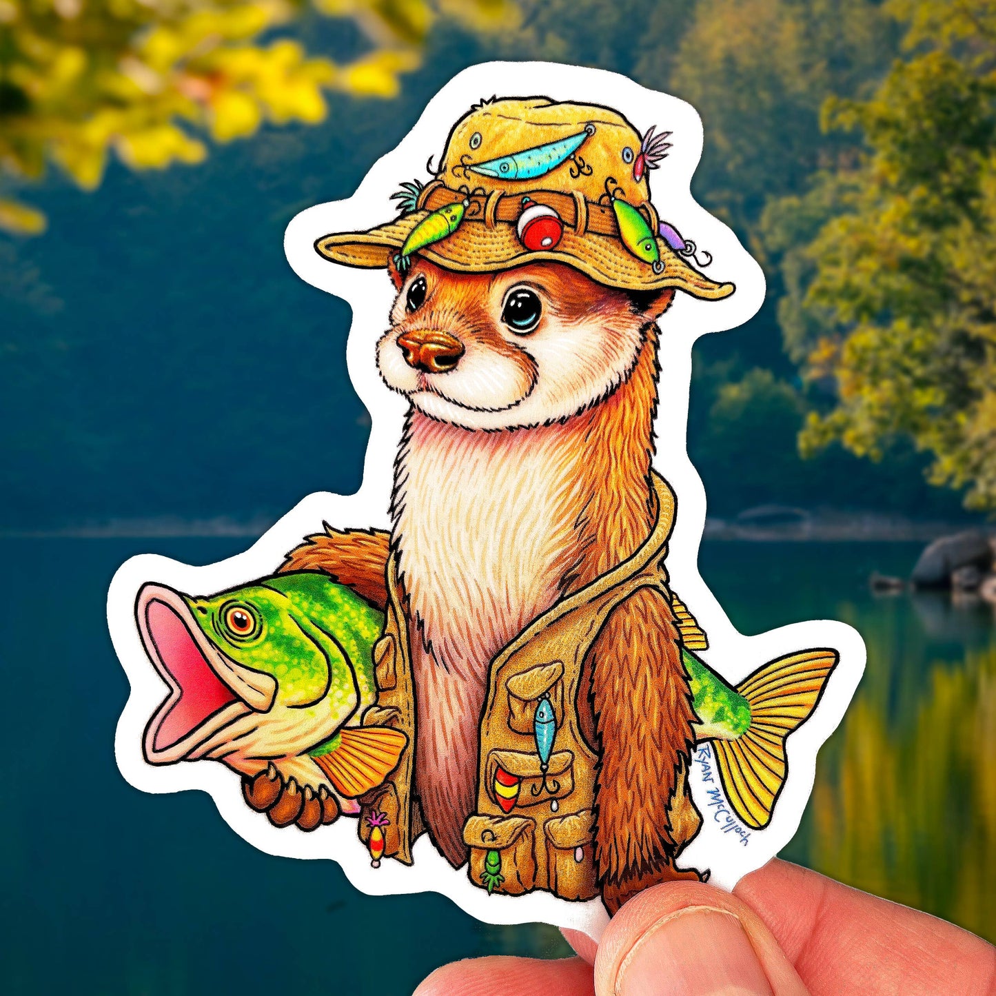 HOLOGRAPHIC STICKER: Gone Fishing Otter (with Bass)