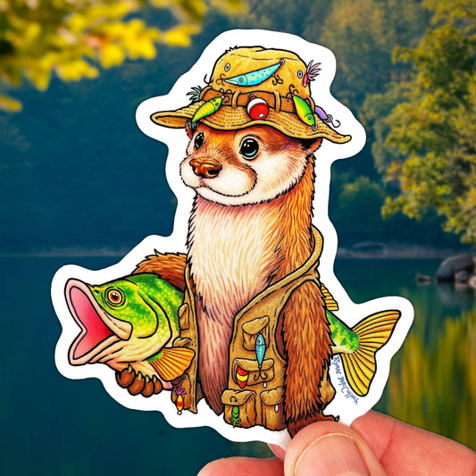 HOLOGRAPHIC STICKER: Gone Fishing Otter (with Bass)
