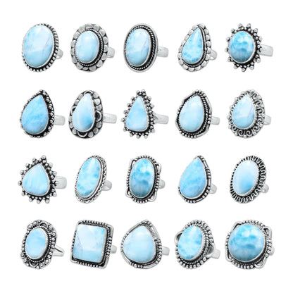 Larimar Rings – Silver-Plated, Handmade, Ocean Blue Dominican Stone (US Sizes 6–10) | Wholesale