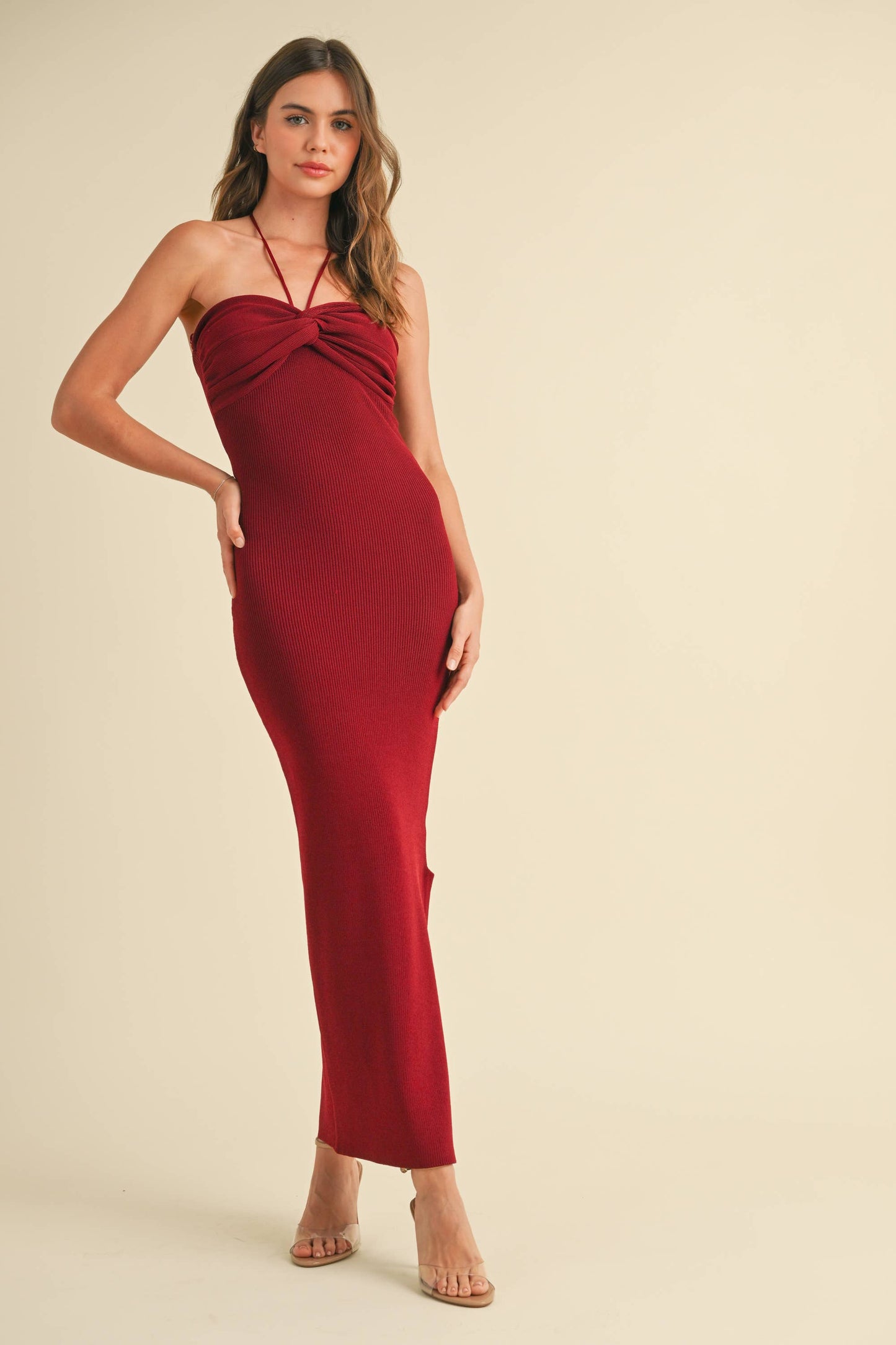 D1843   RUCHED DETAIL HALTER NECK KNIT LONG SLIT DRESS