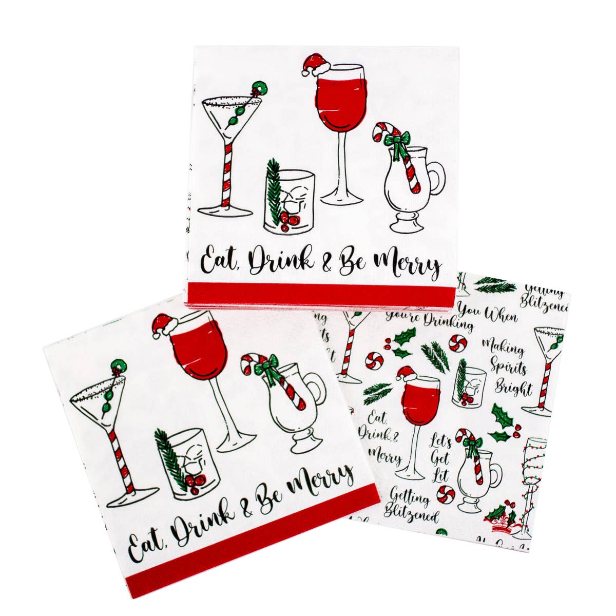 Eat, Drink & Be Merry Cocktail Napkins   White/Green/Red   5x5