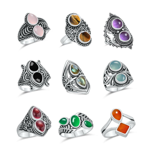 Assorted Multi-Gemstone Rings – Silver-Plated, Handmade, Mixed Colors (US Sizes 5–8, Non-Adjustable) | Wholesale